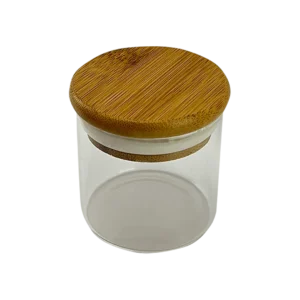 FRASCO DE VIDRIO CON TAPA DE MADERA CHICO